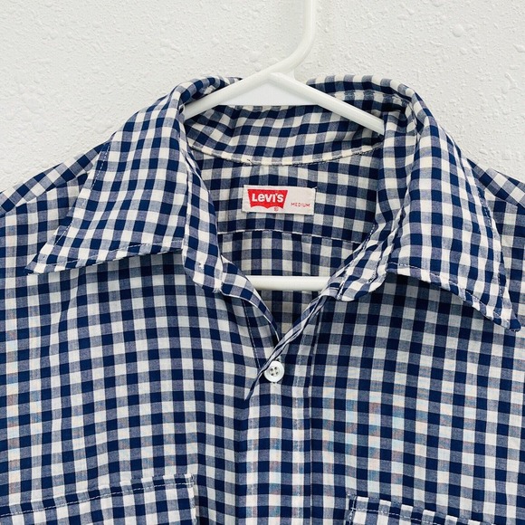 Vtg Mens M Levi's Gingham Western Shirt Button Front Blue White Long Sleeve Flaw - Picture 3 of 7
